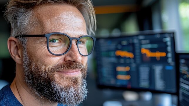Bearded professional businessman wearing eyeglasses and analyzing financial data charts and graphs displayed on multiple computer screens in a corporate office setting