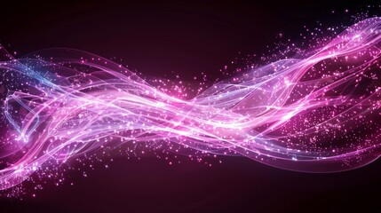 Abstract glowing pink and blue wave with sparkles on dark background.