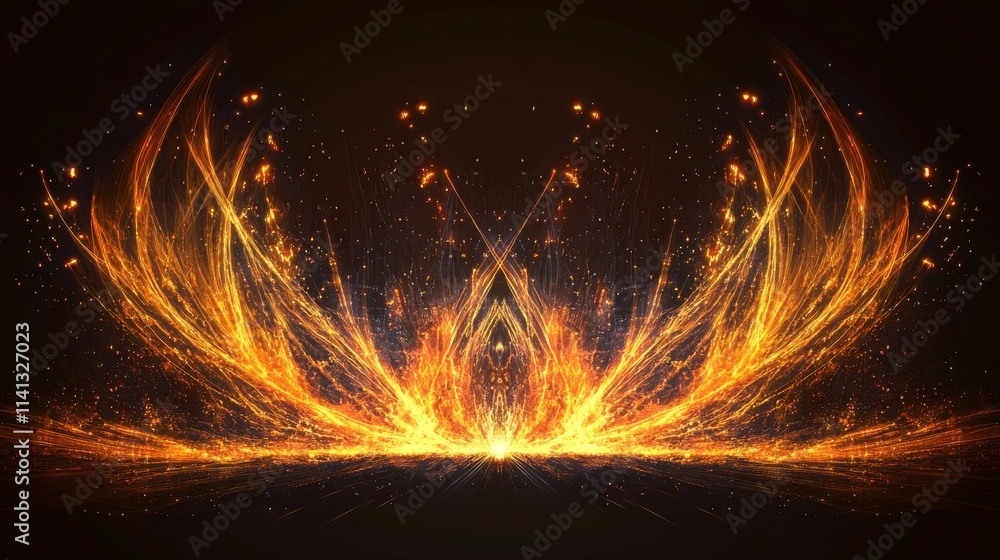 Poster a mesmerizing display of fiery orange and gold sparks, creating an abstract explosion of light and m