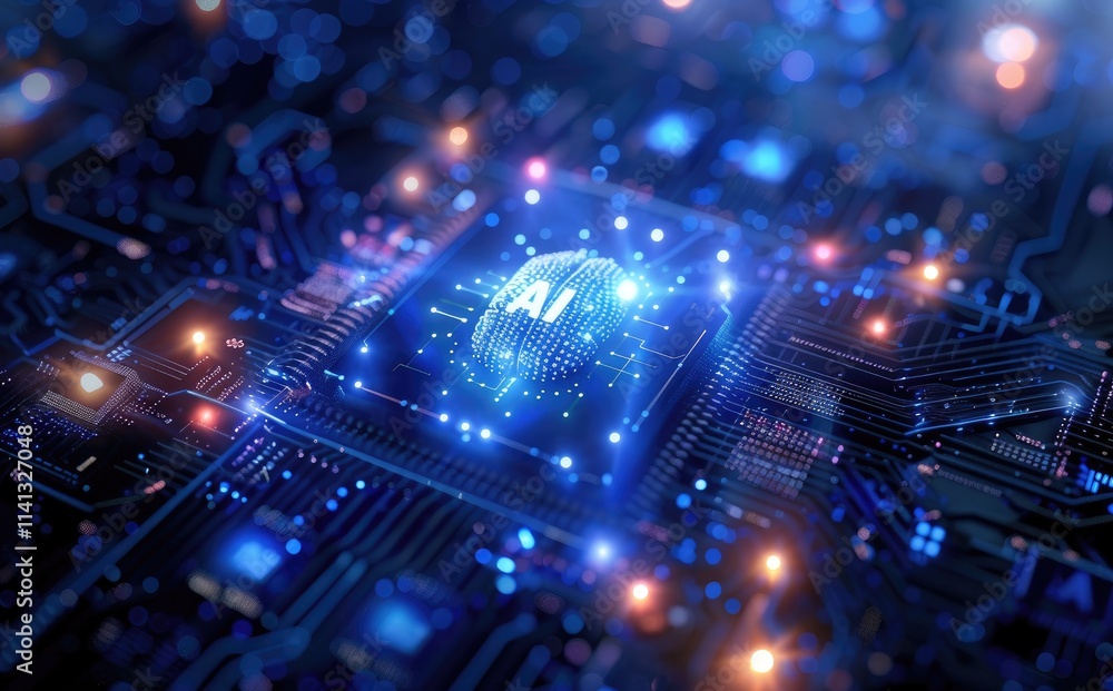 Poster  A 3D AI chip with a glowing brain icon and the letters 