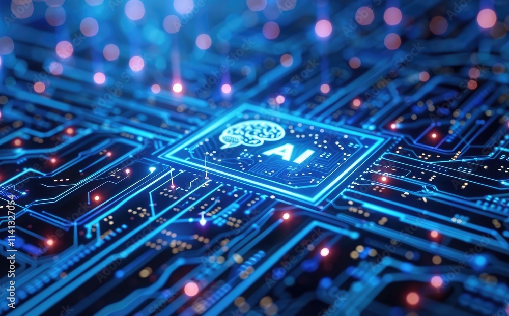 Poster artificial intelligence chip with glowing blue 