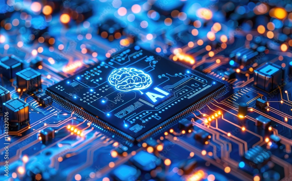 Aufkleber Artificial intelligence concept featuring an AI chip with a glowing brain icon on a circuit board background, symbolizing advanced technology for digital marketing and computer engineering