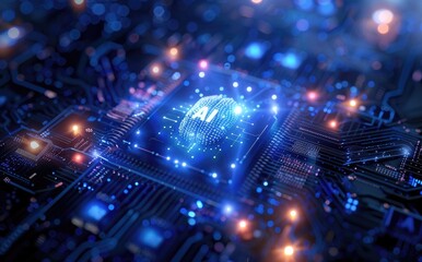  A 3D AI chip with a glowing brain icon and the letters "AI," surrounded by intricate blue and orange circuitry. Perfect for concepts of artificial intelligence, machine learning, and futuristic tech