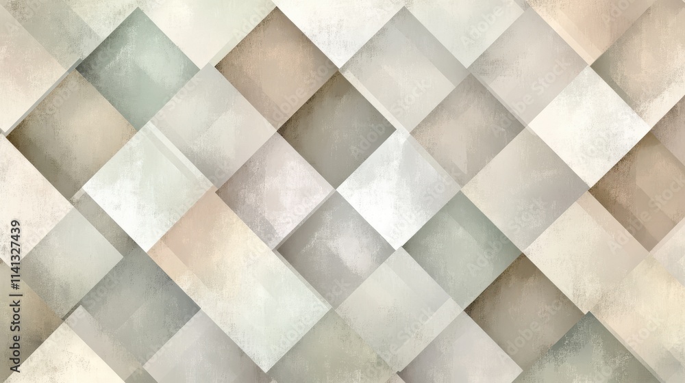 Poster an abstract pattern of overlapping light-colored squares and rectangles in soft, muted tones.