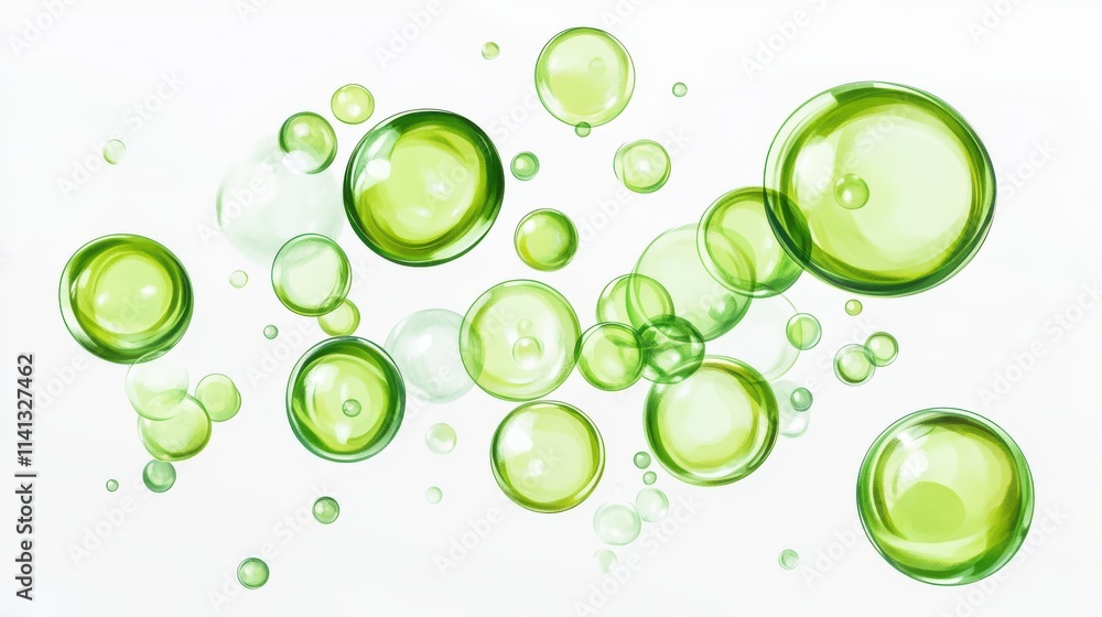 Poster a captivating array of green bubbles floating in mid-air, creating a fresh and vibrant atmosphere.