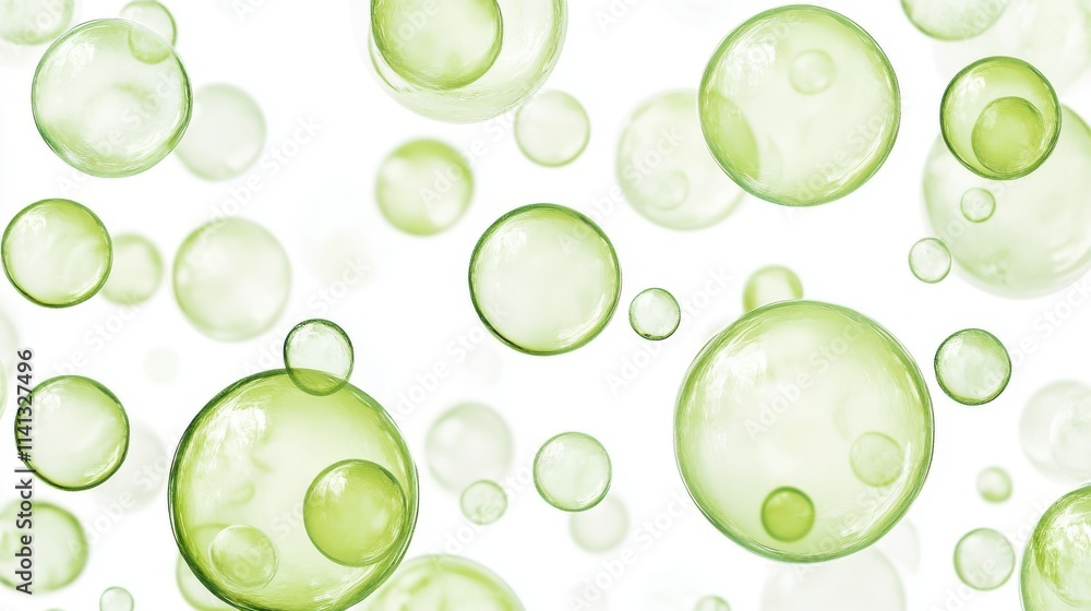 Poster A captivating array of translucent green bubbles floating against a white background, creating a sense of freshness.