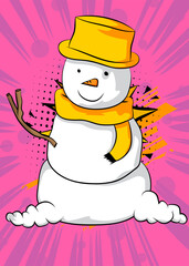 Cartoon Snowman, comic book Holiday. Retro vector comics pop art design.