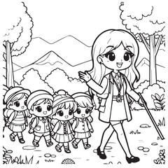 Coloring page cute teacher leading students walk tour 