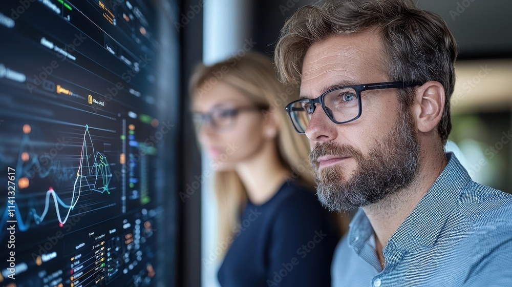 Poster two business professionals analyzing financial data charts and analytics displayed on multiple compu