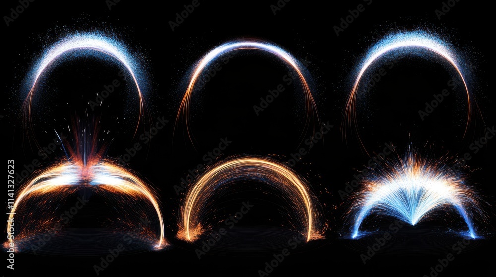 Poster dynamic display of colorful sparks and arcs in various forms, showcasing movement and energy.