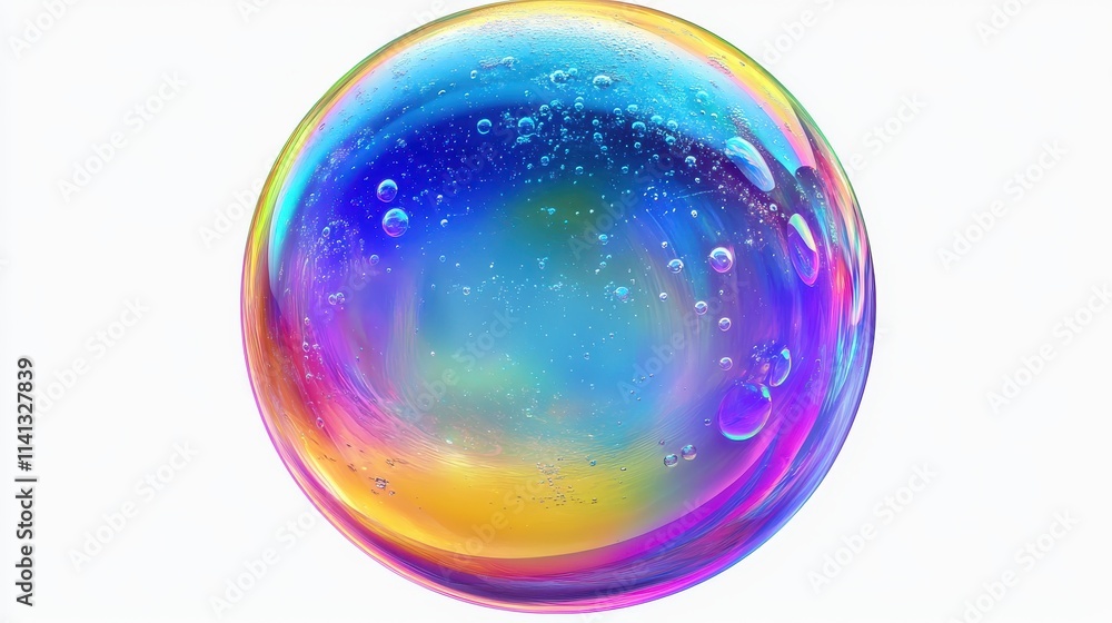 Poster a colorful soap bubble shimmering with a spectrum of hues and tiny bubbles, creating a magical and v