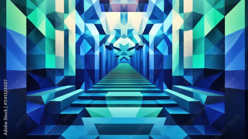Poster abstract geometric pattern featuring a vibrant blue color scheme, creating a sense of depth and moti
