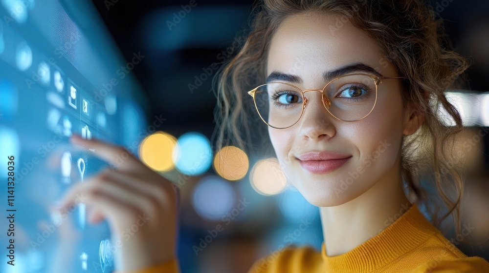 Poster portrait of a confident cheerful young woman with glasses smiling while using a computer in a modern