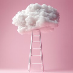 White ladder reaching a fluffy cloud against a pink background.