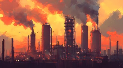 Obraz premium Oil Refinery Background with Large Tanks and Tall Smoke Towers 