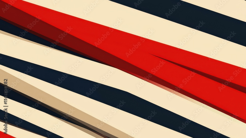 Poster abstract composition featuring layered diagonal stripes in red, cream, and navy blue, creating dynam