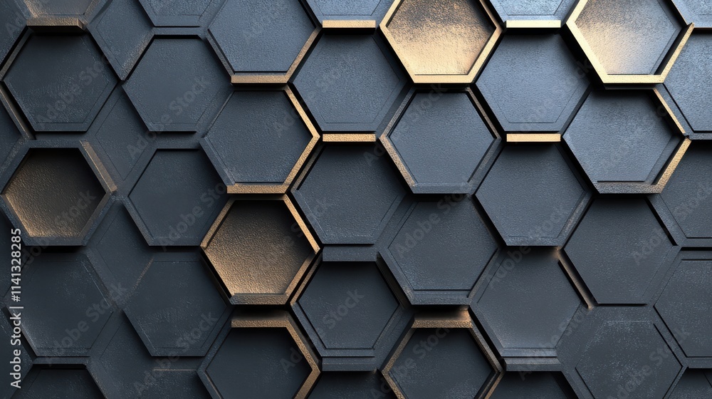 Poster close-up of a modern hexagonal patterned wall, showcasing metallic textures and a sleek design.