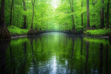 Fototapeta premium Serene forest landscape with a calm river reflecting vibrant green foliage.