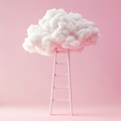 White ladder reaching fluffy cloud against pink background.