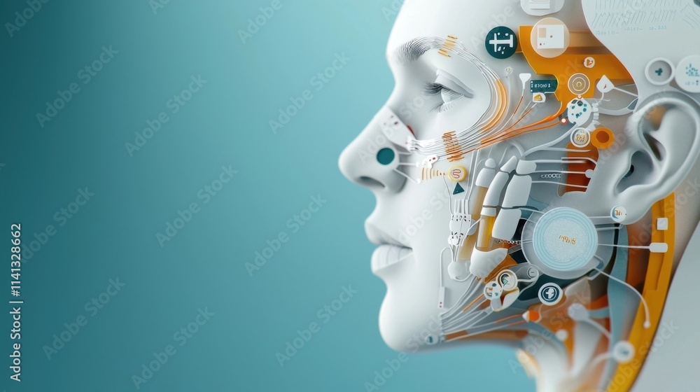Poster close up portrait of a futuristic digital face with advanced cyborg augmented reality sensors displa