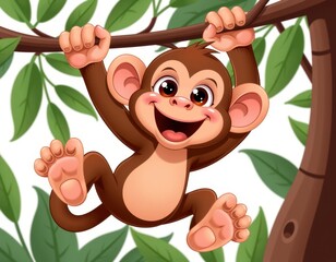 A playful cartoon monkey hangs from a tree branch, sporting a warm brown coat, creamy head, and soft pink belly. Its bright, round eyes sparkle with joy as it beams with a wide, cheerful grin