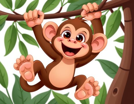 A playful cartoon monkey hangs from a tree branch, sporting a warm brown coat, creamy head, and soft pink belly. Its bright, round eyes sparkle with joy as it beams with a wide, cheerful grin