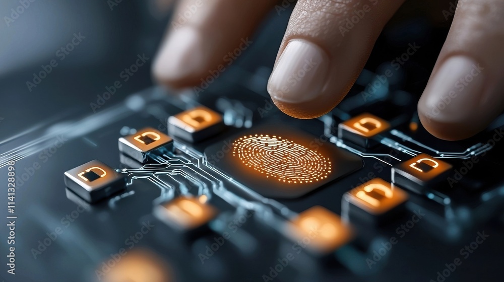Poster closeup view of a complex electronic circuit board with various microchips processors and other mini