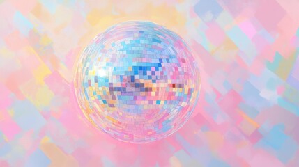 A shimmering disco ball floats against a pastel abstract background, radiating vibrant colors in a dreamy atmosphere.
