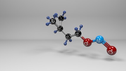 Amyl nitrite molecule. Molecular structure of isopentyl nitrite, used in medicine, chemical synthesis and as psychoactive recreational drug called poppers.