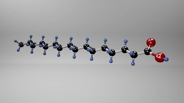 Palmitic acid molecule. Molecular structure of hexadecanoic acid, saturated fatty acid extracted from the fruit of oil palms, meats and dairy products.