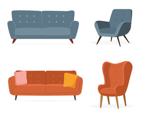 Cartoon sofas, armchairs and cushions, soft living room furniture