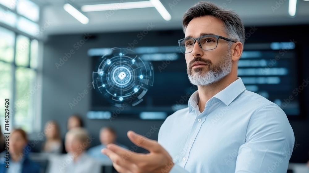 Poster focused and professional businessman analyzing data and information on laptop computer in a modern c