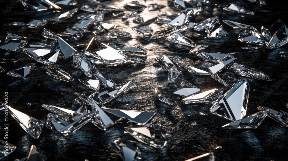 Poster a sparkling arrangement of broken glass shards reflecting light, creating a dynamic and metallic app