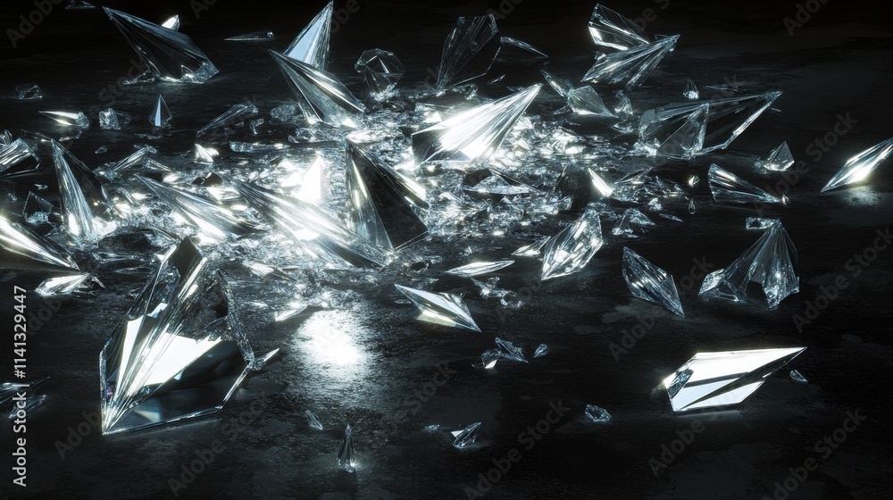 Poster A stunning array of shattered glass shards, reflecting light and creating a mesmerizing sparkle effect against a dark background.