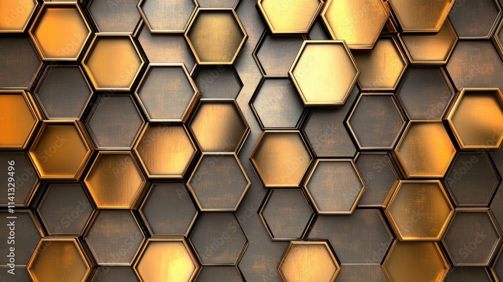 Poster an intricate pattern of metallic golden hexagons layered against a dark background creates a strikin