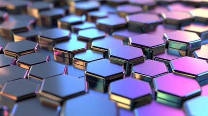 Obraz premium Close-up of reflective hexagonal tiles in a vibrant, colorful arrangement, creating a mesmerizing pattern.