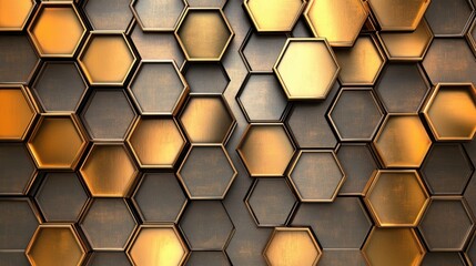 An intricate pattern of metallic golden hexagons layered against a dark background creates a striking visual effect.