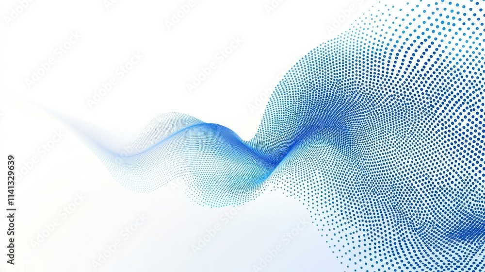 Poster abstract blue wave composed of dots, creating a fluid motion effect against a light background.