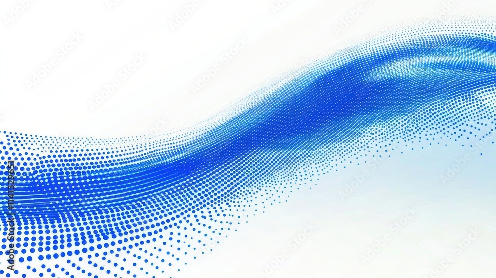 Poster dynamic blue wave graphic with dots on a light background, creating an abstract and modern feel.