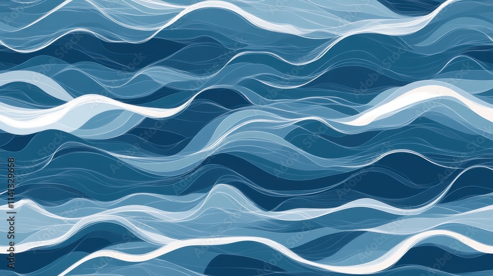 Poster abstract waves in various shades of blue and white, creating a soothing and dynamic visual effect.