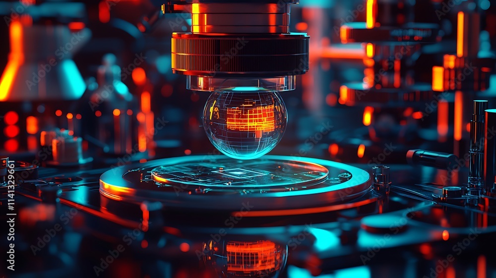 Aufkleber futuristic microscopic view of a glowing orb levitating on a technological platform, illuminated wit