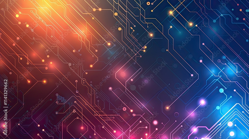 Poster abstract digital circuit design with vibrant colors and glowing elements.