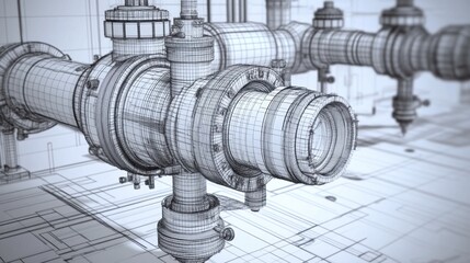 Precision wire-frame vector graphics of industrial equipment components.