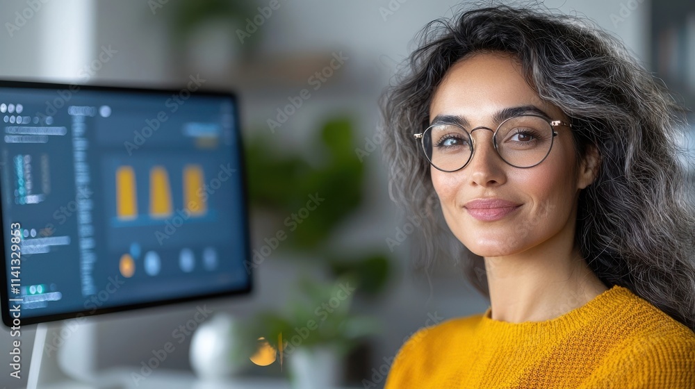 Poster confident and focused young professional woman in office environment analyzing business data charts 