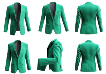 a green blazer isolated on transparent background the blazer is shown in six different angles. showing the front. back. and sides
