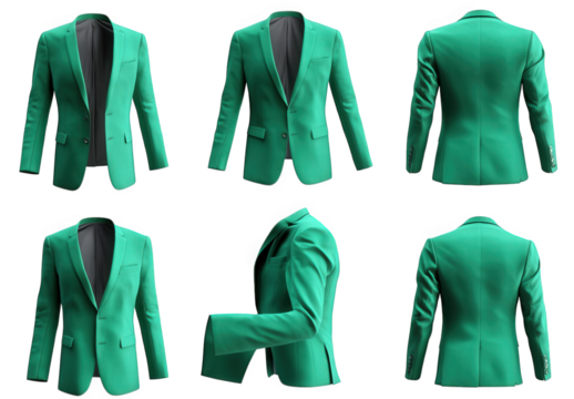a green blazer isolated on transparent background the blazer is shown in six different angles. showing the front. back. and sides