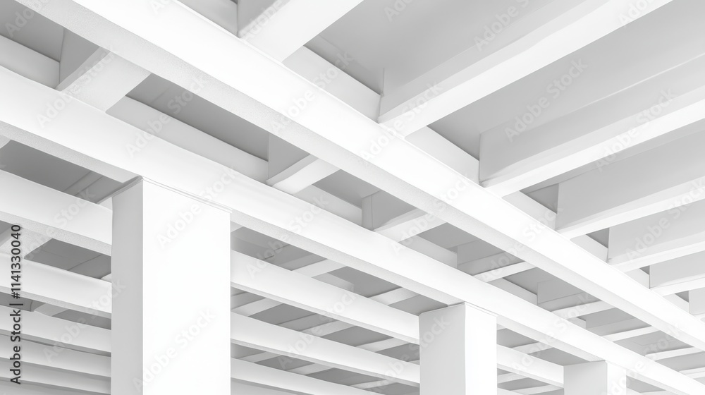 Aufkleber abstract view of a modern architectural ceiling with intersecting white beams and columns.