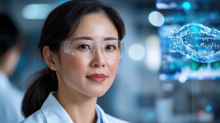 Serious Asian Female Scientist Examining Experiment with Microscope in Modern Laboratory Workspace  Concept of Innovation Technology Medical Research and Scientific Discovery
