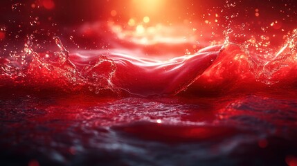 Red liquid splashing, vibrant wave with bokeh lights.