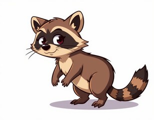 A mischievous cartoon raccoon, with a bushy brown back and a striped tail, gazes left with curious...